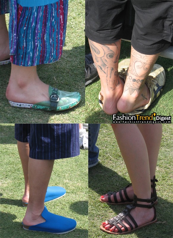 已经可以穿凉鞋了，crocs很主流，让我们来看一些有趣的：左上的透明款，左下的似乎有些热，右下的"角斗士"凉鞋去年开始出现，今年应该可以买进，如果不准备买凉鞋，可以入右上的，纹身一下。 