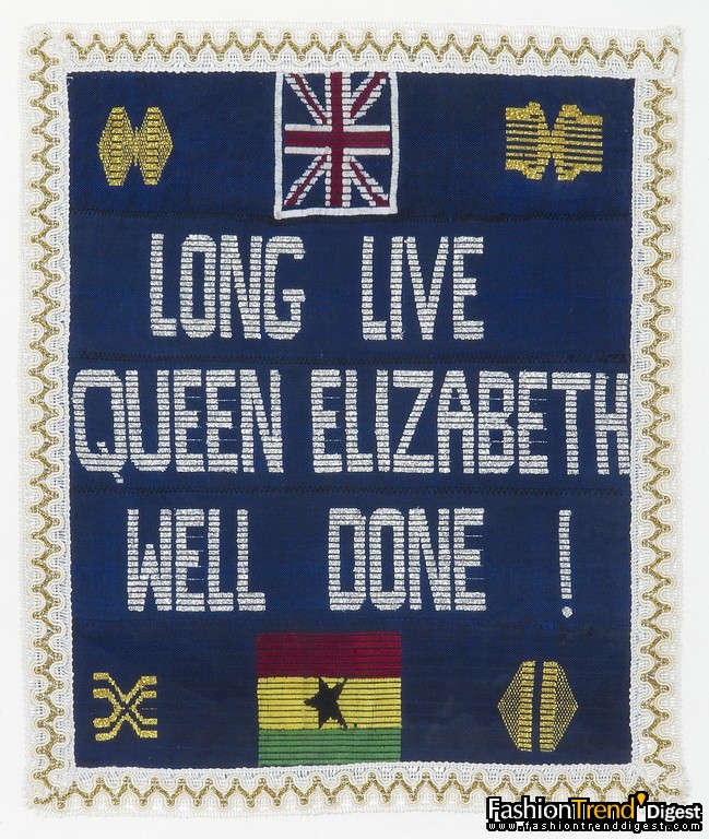 Kente Cloth with message of welcome and the flags of the United Kingdom and Ghana. Presented to HRH The Princess Royal by Mr Anthony Kwadwo Gyasi, 1998. 