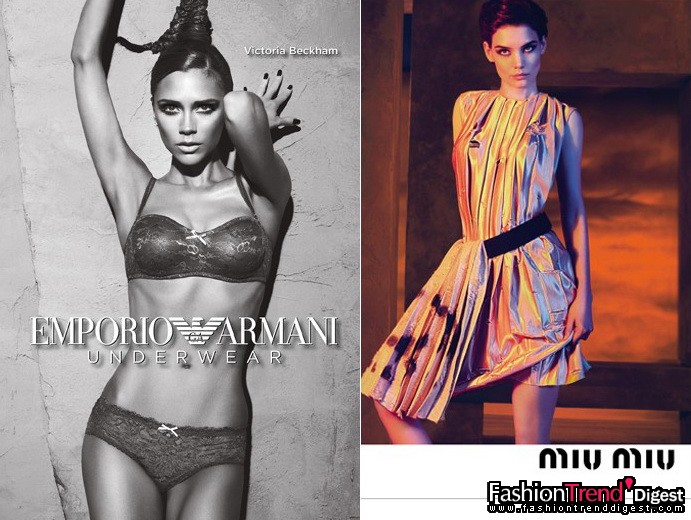1月15日：服饰广告的爆炸新闻：Victoria Beckham 为 Emporio Armani内衣系列拍摄广告，同时阿汤嫂Katie Holmes成了Miu Miu的新面孔。左图为Victoria Beckham右图为Katie Holmes。 