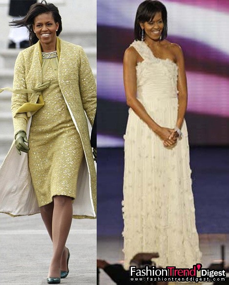 1月21日：Jason Wu和Isabel Toledo的设计因被Michelle Obama选择为就职典礼和晚会上穿着的服装而记入了时尚的历史。左图为就职典礼上的Michelle Obama，右图为晚会上的Michelle Obama。 