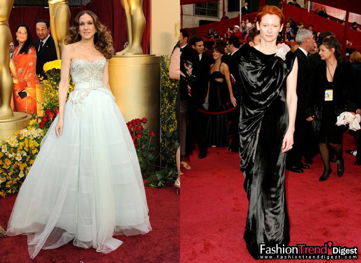 2月23日：今年的Oscar上，时尚的泾渭分明。高调奢华如穿着Dior高级定制的Sarah Jessica，低调优雅有如穿着Lavin的Tilda Swinton。左图为Sarah Jessica，右图为Tilda Swinton。 