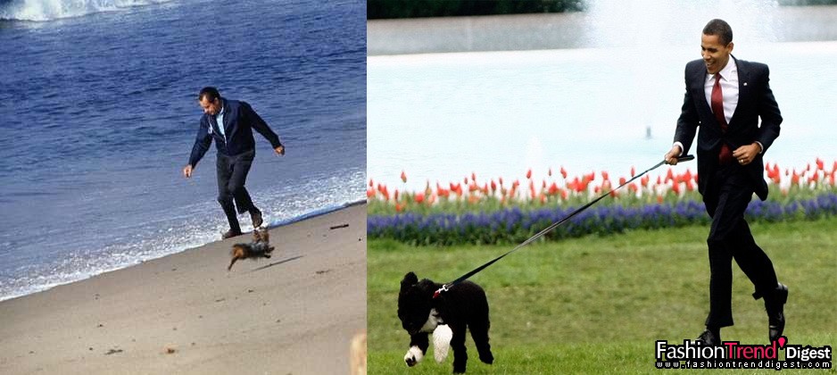 4月16日：新任总统被拍到穿着整套西装溜他的新狗"Bo"，虽然有点不合时宜，但是总比 Nixon在海滩的装束强多了。左图为Nixon，右图为Obama。 