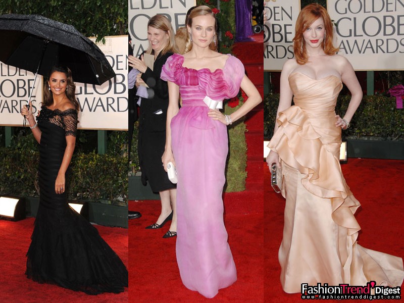 色彩<br>
<br>
1. Penélope Cruz身着Giorgio Armani黑色鱼尾裙，领口有植物图案的印花，丝带条纹丰富了层次感。<br>
<br>
2. Diane Kruger身着christian Lacroix粉色礼服，领口呈现不对称的悬垂质感。<br>
<br>
3. Project Runway的赢者christian Siriano身着christina Hendricks，蜜桃香槟色的礼服灵感来自于阿玛菲海岸。<br>
 