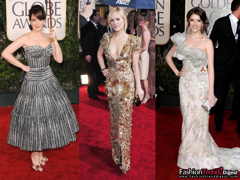 领口<br>
<br>
1. Tina Fey身着Zac Posen 2010度假系列礼服，佩戴Fred Leighton珠宝出席，有种50年代的优雅。<br>
<br>
2. Anna Paquin身着金色Stella McCartney礼服，大小不一的金色亮片布满全身，奢华感十足。<br>
<br>
3. Anna Kendrick身着Marchesa薄荷白色的薄纱礼服，领口带着荷叶边装饰。 