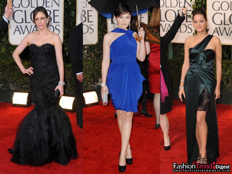 结构<br>
<br>
1. Vera Farmiga选择了Dolce & Gabbana的黑色抹胸礼服，全身布满玫瑰花褶饰。<br>
<br>
2. Ginnifer Goodwin选择了Yves Klein的蓝色短装礼服，有清凉的悬垂效果。<br>
<br>
3. Marion Cotillard身着christian Dior的凫蓝色单肩礼服，有着错综复杂的褶式效果以及开叉的裙身。<br>
 