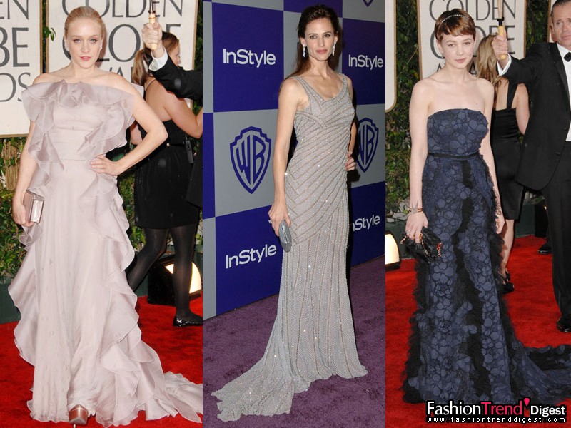 细节<br>
<br>
1. Chlo? Sevigny身着Valentino丁香紫礼服，薄纱层层叠叠的布满全身。<br>
<br>
2. Jennifer Garner身着灰色Versace，丁香紫的礼服上镶嵌着透明的条纹装饰，将不对称风格继续演绎。<br>
<br>
3. Carey Mulligan选择了垂至地面的Nina Ricci礼服，其上覆盖着花边蕾丝。 