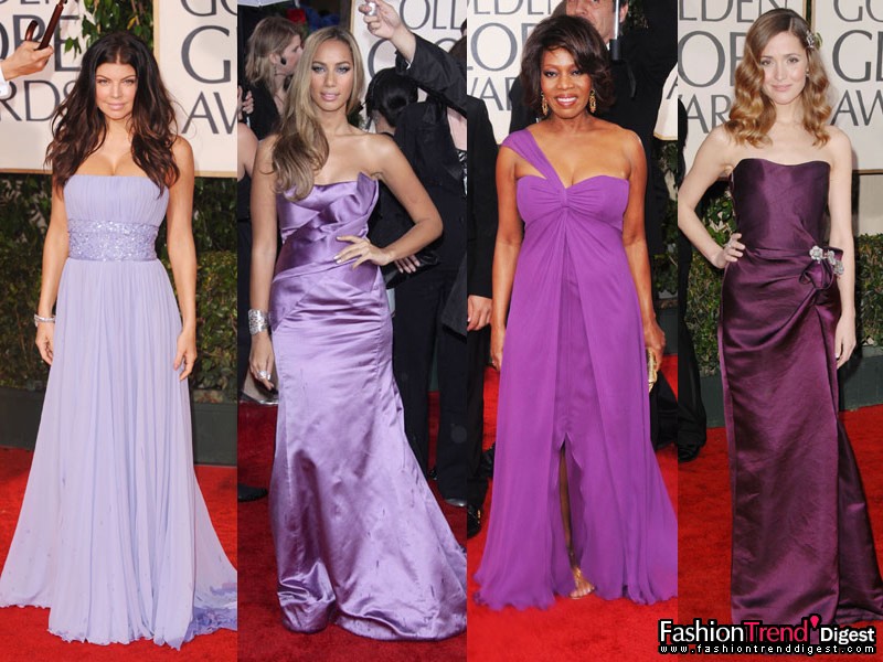 紫色：<br>
紫色在今年的全球奖红地毯上非常多见，色系包涵了从淡淡的丁香紫到鲜艳的紫罗兰到饱满的茄子紫。<br>
<br>
•Fergie in Elie Saab with Harry Winston jewellery <br>
•Leona Lewis in Roberto Cavalli <br>
•Alfre Woodard in Pamella Roland, with Cecelia clutch, Erica Courtney jewellery and Jimmy Choo shoes <br>
•Rose Byrne in Lanvin with Neil Lane jewellery and Brian Atwood shoes 