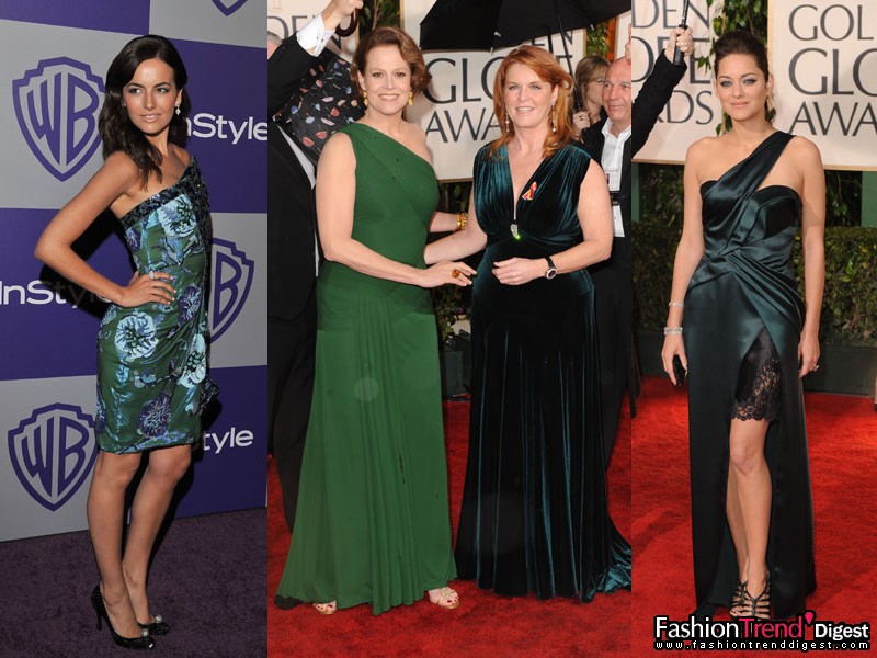 绿色：<br>
绿色是今年全球奖红地毯上的另一种流行色，色系包涵了森林绿，翡翠绿和深凫色。<br>
<br>
•Camilla Belle in Giorgio Armani <br>
•Sigourney Weaver in Hervé L Leroux <br>
•Sarah Ferguson in a forest-green velvet gown<br>
•Marion Cotillard in christian Dior 