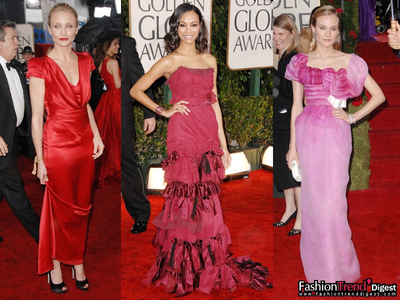 浆果红：<br>
浆果红虽然不及紫色和绿色那么流行，但饱和丰满的色彩仍然抓人眼球，色系包涵番茄红，木莓红和草莓红。<br>
<br>
•Cameron Diaz in Alexander McQueen <br>
•Zoe Saldana in Louis Vuitton <br>
•Diane Kruger in christian Lacroix 