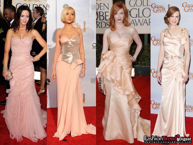 蜜桃粉：<br>
蜜桃粉属于柔和的裸色系，带着淡淡的珊瑚红的味道，适合于搭配各种肤色及发色。<br>
<br>
•Emily Blunt in Dolce & Gabbana with Salvatore Ferragamo clutch, Lorraine Schwartz jewellery and christian Louboutin shoes <br>
•christina Aguilera in Versace with Nina Ricci and Webster jewellery and a Judith Leiber clutch <br>
•christina Hendricks in christian Siriano <br>
•Nicole Kidman in Nina Ricci with Fred Leighton jewellery 