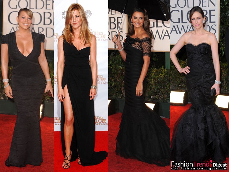 黑玉色：<br>
黑色适用于各种场合，永远不会犯错，所以很多明星在红地毯上会选择黑色。<br>
<br>
•Mariah Carey in Hervé Leger and Chopard jewellery <br>
•Jennifer Aniston in Valentino with vintage Ferragamo minaudière, Versace shoes and Fred Leighton jewellery <br>
•Penélope Cruz in vintage Armani <br>
•Vera Farmiga in Dolce & Gabbana with Brian Atwood shoes 