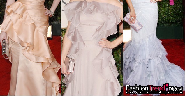 荷叶边礼服<br>
荷叶边裙摆的礼服长度掠过地面，有着层层叠加的荷叶花边和丝带蝴蝶结，胸部紧绷的荷叶松紧带同时也是领口线的细节。<br>
<br>
•christina Hendricks in christian Siriano and Loree Rodkin jewellery <br>
•Chlo&euml; Sevigny in Valentino and Buccellati jewellery <br>
•Heidi Klum in Roberto Cavalli 