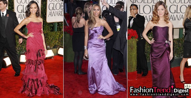 抹胸紧身礼服：<br>
抹胸紧身礼服跟鸡心领礼服的廓形类似，突出女性曲线美的轮廓是关键趋势，大受明星欢迎。Kate Hudson身着Marchesa新娘装，抹胸的领口处运用了羽毛填充。 <br>
<br>
•Zoe Saldana in Louis Vuitton <br>
•Leona Lewis in Roberto Cavalli <br>
•Rose Byrne in Lanvin with Neil Lane jewllery and Brian Atwood shoes 