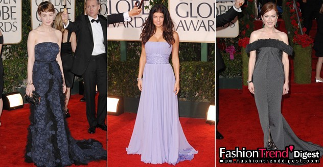 一字领：<br>
一字领礼服是另一种流行的抹胸装，上身一般为高腰的，非常简洁的一字领，下身裙摆向外展开。不过Julianne Moore的Balenciaga礼服在一字领口镶有荷叶花边。<br>
<br>
•Carey Mulligan in Nina Ricci with Fred Leighton jewellery <br>
•Fergie in Elie Saab with Harry Winston jewellery <br>
•Julianne Moore in Balenciaga 