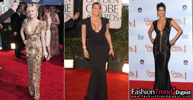 低V领：<br>
低V领礼服比抹胸礼服更加性感，Mariah Carey身着紧身的Hervé Leger低V领礼服，Halle Berry的Kaufman Franco礼服镶嵌了蕾丝装饰条。<br>
<br>
•Anna Paquin in Stella McCartney with vintage Stephen Russell jewellery <br>
•Mariah Carey in Hervé Leger with Chopard jewellery <br>
•Halle Berry in Kaufman Franco with Kimberley McDonald jewellery and christian Louboutin shoes 