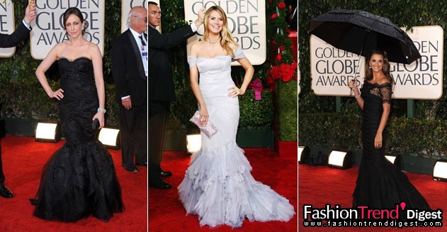 鱼尾裙：<br>
鱼尾裙礼服是好莱坞的经典款式，礼服的廓形上身紧身，膝盖以下裙身向外展开布满褶式，曲线十分优美。<br>
<br>
•Vera Farmiga in Dolce & Gabbana with Chanel Fine jewellery and Brian Atwood shoes <br>
•Heidi Klum in Roberto Cavalli <br>
•Penélope Cruz in vintage Armani with Chopard jewellery 