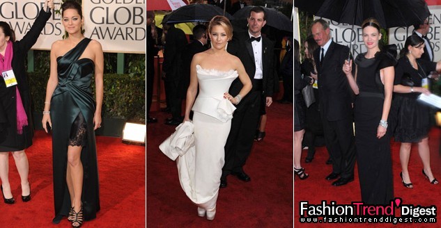 巧妙剪裁：<br>
我们欣喜的看到红地毯上一些巧妙剪裁的礼服：腰线捏紧，有着折叠效果，或者腰部周围装饰着结构感的荷叶边，效果都十分神奇。Kate Hudson的Marchesa婚纱礼服有种雕塑感。<br>
<br>
•Marion Cotillard in christian Dior with Chopard jewellery <br>
•Kate Hudson in Marchesa, with Casadei shoes and Stephen Russell Contemporary Collection jewellery <br>
•January Jones in Lanvin with Neil Lane jewellery 