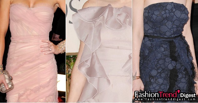 柔软面料<br>
柔软面料的礼服轻如空气，精巧的薄绸和薄纱层次几乎是浮在身上的感觉，Carey Mulligan的Nina Ricci礼服覆盖着花边蕾丝，使她看起来美丽动人。<br>
<br>
•Emily Blunt in Dolce & Gabbana with Salvatore Ferragamo clutch and Lorraine Schwartz jewellery <br>
•Chlo&euml; Sevigny in Valentino and Buccellati jewellery <br>
•Carey Mulligan in Nina Ricci with Fred Leighton jewellery 